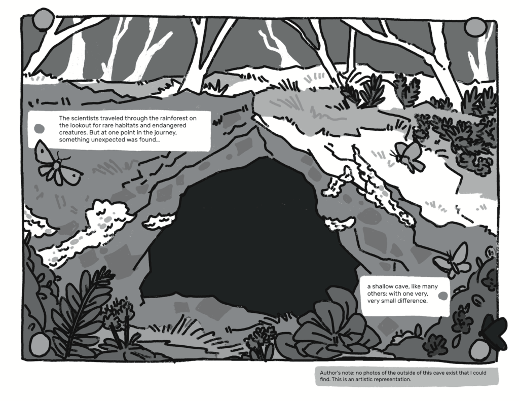 Finished art of a cave for a page in Bugs in Peril by Maddy Ruth